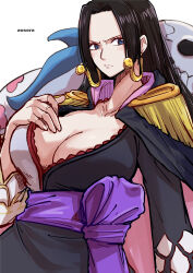 Rule 34 | 1girl, aosora2823, artist name, black dress, black hair, blue eyes, boa hancock, breasts, cleavage, dress, earrings, highres, jewelry, large breasts, light blush, long hair, one piece, one piece: stampede, salome (one piece), skull, snake, snake earrings, two-tone dress, white dress