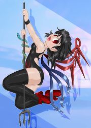 Rule 34 | 1girl, adapted costume, asymmetrical wings, black hair, black one-piece swimsuit, black thighhighs, competition swimsuit, fang, full body, houjuu nue, looking at viewer, one-piece swimsuit, open mouth, pole dancing, polearm, red eyes, red footwear, short hair, smile, snake, solo, swimsuit, thighhighs, touhou, trident, weapon, wings, winn