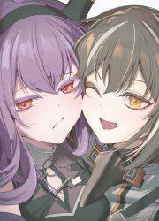 Rule 34 | 2girls, arknights, brown hair, cheek-to-cheek, close-up, commentary, heads together, highres, horns, kimo suna, looking at viewer, magallan (arknights), multicolored hair, multiple girls, one eye closed, open mouth, orange eyes, purple hair, simple background, streaked hair, two-tone hair, typhon (arknights), white background, white hair, yellow eyes