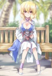 Rule 34 | 1girl, bench, blonde hair, blush, breasts, cleavage, closed mouth, collarbone, commission, dress, full body, gundam, gundam seed, gundam seed destiny, highres, kuroi mimei, looking at viewer, palm tree, short hair, sitting, skeb commission, skirt, smile, solo, stellar loussier, tree