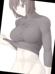 Rule 34 | 10s, 1girl, abs, bottomless, breasts, brown eyes, brown hair, hyuuga (kancolle), kantai collection, large breasts, neko majin, no panties, out-of-frame censoring, short hair, solo, toned, turtleneck