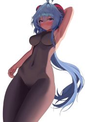 Rule 34 | 1girl, absurdres, ahoge, bare arms, blue hair, blush, bodystocking, bodysuit, breasts, covered navel, full-face blush, ganyu (genshin impact), genshin impact, highres, horns, leavv, long hair, looking at viewer, low ponytail, medium breasts, no gloves, purple eyes, sidelocks, sleeveless, solo, standing, white background