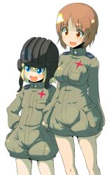 Rule 34 | 10s, 2girls, blonde hair, blue eyes, blush, brown eyes, brown hair, cosplay, cowboy shot, fang, girls und panzer, hands on own hips, helmet, highres, katyusha, katyusha (cosplay), katyusha (girls und panzer), long sleeves, looking at another, military, military uniform, multiple girls, nishizumi miho, open mouth, short hair, short jumpsuit, smile, standing, sw (taco), tank helmet, uniform
