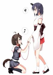 Rule 34 | 10s, 2girls, :d, ahoge, animal ears, bad id, bad pixiv id, black hair, blush, braid, collar, detached sleeves, dog ears, dog tail, extra ears, female focus, from side, hair over shoulder, headband, highres, kantai collection, kemonomimi mode, kneehighs, kneeling, kotonoha suzu, leash, loafers, looking at another, multiple girls, musical note, nontraditional miko, open mouth, profile, quaver, remodel (kantai collection), shigure (kancolle), shoes, single braid, skirt, smile, socks, spoken musical note, spoken squiggle, squiggle, string, string of fate, sweat, tabi, tail, yamashiro (kancolle), yuri