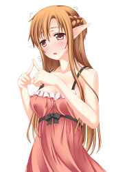 Rule 34 | 10s, 1girl, :o, asuna (sao), bare shoulders, blush, brown eyes, brown hair, collarbone, dress, elf, fingers together, flying sweatdrops, index fingers together, long hair, pointy ears, simple background, solo, sweatdrop, sword art online, umitsubame, white background