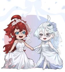 Rule 34 | 2girls, artist name, blue eyes, blue flower, blue rose, bridal veil, chibi, commentary, dress, elbow gloves, female focus, flower, gloves, grey eyes, gundam, gundam suisei no majo, hair flower, hair ornament, highres, holding hands, jewelry, long hair, miorine rembran, mo suma, multiple girls, open mouth, pink flower, pink rose, red hair, ring, rose, sleeveless, sleeveless dress, smile, strapless, strapless dress, suletta mercury, symbol-only commentary, veil, wedding dress, wedding ring, white dress, white gloves, white hair, wife and wife, yuri