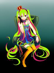 Rule 34 | 1girl, absurdres, bad id, bad pixiv id, chair, collar, crown, full body, green eyes, green hair, hatsune miku, headphones, high heels, highres, long hair, looking at viewer, matching hair/eyes, multicolored hair, shoes, sitting, skirt, smile, solo, temari (deae), thighhighs, twintails, two-tone hair, very long hair, vocaloid, yellow thighhighs