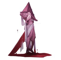 Rule 34 | 1boy, artist name, blood, blood on clothes, blood on feet, blood on ground, bloody weapon, caad014, facing away, full body, greatsword, highres, holding, holding sword, holding weapon, instagram username, male focus, naked towel, object head, pyramid head, silent hill (series), solo, standing, sword, toned, toned male, towel, weapon, white background