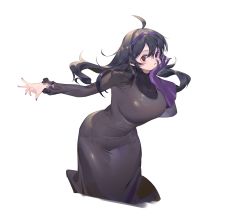 Rule 34 | 1girl, @ @, absurdres, ahoge, alternate breast size, black hair, breasts, closed mouth, commentary request, creatures (company), dachiarai, dress, eyelashes, game freak, gloves, hair between eyes, hairband, head rest, hex maniac (pokemon), highres, leaning forward, long hair, long sleeves, looking at viewer, nail polish, nintendo, outstretched arm, pokemon, pokemon xy, purple gloves, purple hairband, purple nails, shiny clothes, simple background, single glove, solo, spread fingers, white background