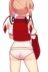 Rule 34 | 1girl, ass, blonde hair, commentary, cowboy shot, crystal, flandre scarlet, highres, holding, holding clothes, holding skirt, no headwear, no headwear, no pants, panties, pointy ears, puffy short sleeves, puffy sleeves, red skirt, red vest, shirt, short hair, short sleeves, side ponytail, simple background, skirt, unworn skirt, solo, standing, thighs, touhou, underwear, vest, white background, white panties, white shirt, wings, yoruny