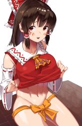 Rule 34 | 1girl, absurdres, ascot, blush, bottomless, bow, breasts, brown hair, clothes lift, commentary request, cookie (touhou), cowboy shot, detached sleeves, frilled bow, frilled hair tubes, frilled shirt collar, frills, hair bow, hair tubes, hakurei reimu, highres, kanna (cookie), koiso usu, large breasts, lifting own clothes, long hair, looking at viewer, navel, open mouth, orange ascot, orange bow, red bow, red eyes, red shirt, ribbon trim, shiny skin, shirt, shirt lift, sitting, sleeveless, sleeveless shirt, smile, solo, touhou, white background, white sleeves, wooden floor