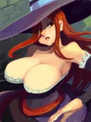 Rule 34 | 1girl, alex ahad, bare shoulders, breasts, cleavage, detached sleeves, dragon&#039;s crown, dress, hat, hat over one eye, huge breasts, long hair, red eyes, red hair, solo, sorceress (dragon&#039;s crown), strapless, strapless dress, witch hat
