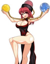 Rule 34 | 1girl, ;d, alternate costume, armpits, bare shoulders, black dress, blush, breasts, chain, china dress, chinese clothes, cleavage, cleavage cutout, clothes writing, clothing cutout, collar, dress, earth (ornament), hecatia lapislazuli, highres, huge breasts, large breasts, leg up, long hair, looking at viewer, moon (ornament), n (dai n honpo), no panties, one-hour drawing challenge, one eye closed, open mouth, outstretched arms, pelvic curtain, red eyes, red hair, revealing clothes, shiny skin, sleeveless, sleeveless dress, smile, solo, spread arms, thighs, touhou