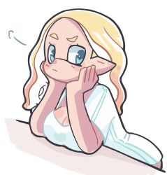Rule 34 | 1girl, blonde hair, blue eyes, breasts, cleavage, closed mouth, commentary request, eyelashes, hekoningyou (waraningyou), highres, inkling, inkling girl, inkling player character, leaning forward, long hair, nintendo, pointy ears, solo, splatoon (series), tentacle hair, white background