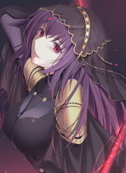 Rule 34 | 1girl, bodysuit, breasts, fate/grand order, fate (series), hair between eyes, headpiece, highres, holding, holding polearm, holding spear, holding weapon, jewelry, kerchief, large breasts, long hair, looking at viewer, polearm, purple bodysuit, purple hair, red eyes, scathach (fate), smile, solo, spear, upper body, weapon, yoshimoto (carpsukidayo)