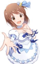 Rule 34 | 1girl, blue bow, blue ribbon, blue sleeves, blush, bob cut, bow, breasts, brown eyes, brown hair, buchi (y0u0ri ), choker, collarbone, dot nose, dress, dress bow, from above, fur-trimmed dress, fur-trimmed sleeves, fur trim, hagiwara yukiho, hair bobbles, hair ornament, hand on own chest, hands up, idolmaster, idolmaster (classic), idolmaster million live!, idolmaster million live! theater days, looking at viewer, medium breasts, open hands, open mouth, polka dot sleeves, print sleeves, reaching, reaching towards viewer, ribbon, short hair, simple background, single bare shoulder, single sleeve, smile, snowflake hair ornament, snowflake liliput (idolmaster), snowflake print, solo, standing, strapless, strapless dress, white background, white choker, white dress, white wristband, wrist ribbon
