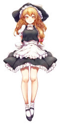 Rule 34 | 1girl, apron, black footwear, black hat, black skirt, black vest, blonde hair, blush, bow, closed mouth, commentary request, frilled apron, frilled skirt, frills, from below, full body, hair bow, hat, highres, kirisame marisa, lips, long hair, looking at viewer, looking down, mary janes, mayonaka taruho, medium skirt, orange eyes, photoshop (medium), pink bow, puffy short sleeves, puffy sleeves, shirt, shoes, short sleeves, simple background, single sidelock, skirt, smile, socks, solo, touhou, vest, waist apron, white apron, white background, white shirt, white socks, witch hat