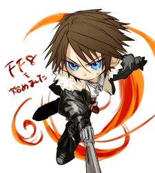 Rule 34 | 1boy, belt, black footwear, black gloves, black jacket, black pants, blue eyes, brown hair, chain, chibi, final fantasy, final fantasy viii, fire, frown, fur-trimmed jacket, fur trim, gloves, gunblade, highres, holding, holding weapon, jacket, jewelry, male focus, multiple belts, necklace, nishinsobha, open clothes, open jacket, pants, red belt, scar, scar on face, serious, shirt, shoes, short hair, solo, squall leonhart, sweatdrop, v-neck, weapon, white shirt