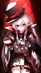 Rule 34 | 1girl, absurdres, alcohol, arknights, black coat, black hat, blush, braid, closed mouth, coat, cup, drinking glass, earrings, facial mark, fang, fang out, flower, grey hair, gun, hat, hat flower, highres, holding, holding gun, holding weapon, jewelry, long hair, long sleeves, looking at viewer, official alternate costume, open clothes, open coat, pointy ears, red eyes, red flower, red rose, rose, shirt, sitting, smile, solo, test tube, thigh strap, tilted headwear, very long hair, wanko0304, warfarin (arknights), warfarin (the feast) (arknights), weapon, white shirt, wine, wine glass