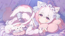 Rule 34 | + +, 1girl, ahoge, animal, animal ear fluff, animal ears, bed sheet, blush, blush stickers, bow, cat ears, cat girl, cat tail, commission, curtains, detached sleeves, dress, drill hair, earrings, frills, headdress, heart-shaped lock, highres, jewelry, long sleeves, looking at viewer, lying, multicolored hair, on stomach, original, pink eyes, pink hair, sidelocks, skeb commission, smile, tail, tyomimas, white hair, white headdress