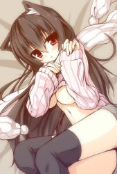 Rule 34 | 1girl, animal ears, black thighhighs, blush, breasts, cat ears, clothes lift, long hair, looking at viewer, lying, mia flatpaddy, no bra, original, red eyes, ribbed sweater, scarf, solo, sweater, sweater lift, syroh, thighhighs, underboob