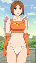 Rule 34 | 1girl, absurdres, breasts, choker, cleavage, collar, heart, heart choker, highres, medium breasts, mf ghost, navel, official art, panties, race queen, saionji ren, screencap, small breasts, solo, stitched, tank top, third-party edit, underwear, wings