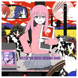 Rule 34 | 4girls, absurdres, ahoge, album cover redraw, asian kung-fu generation, blonde hair, blue eyes, blue hair, bocchi the rock!, cable tie, car interior, cloud, cloudy sky, colored skin, commentary request, cow, derivative work, driving, english text, field, gloom (expression), gotoh hitori, gotoh hitori (tsuchinoko), half-closed eyes, hand on own hip, high collar, highres, holding, ijichi nijika, instrument case, instrument on back, jacket, kita ikuyo, long hair, long sleeves, looking at viewer, mixed-language commentary, mountainous horizon, multiple girls, nani ga warui, nervous smile, one side up, open mouth, orange eyes, pants, pants under skirt, photo inset, pink hair, pink jacket, pink pants, pov, pov hands, power lines, rear-view mirror, red hair, red sky, reflection, shaka (staito0515), shoulder strap, side ponytail, sky, smile, star-shaped eyewear, star (symbol), steering wheel, sunglasses, sweat, track jacket, track pants, traffic light, tree, utility pole, white skin, yamada ryo, yellow eyes