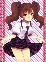 Rule 34 | 1girl, 74 (teduka), blush, brown eyes, brown hair, checkered clothes, checkered skirt, curtsey, female focus, himekaidou hatate, long hair, necktie, puffy sleeves, short sleeves, skirt, solo, touhou, twintails