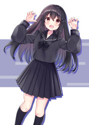 Rule 34 | 1girl, black bow, black hair, black sailor collar, black serafuku, black shirt, black skirt, black socks, blush, bow, brown eyes, claw pose, colored shadow, commentary request, drop shadow, dutch angle, fang, fingernails, hair between eyes, hands up, highres, kneehighs, long hair, long sleeves, looking at viewer, minami saki, open mouth, original, pleated skirt, puffy long sleeves, puffy sleeves, sailor collar, school uniform, serafuku, shadow, shirt, skirt, socks, solo, very long hair