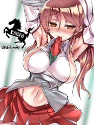 Rule 34 | 10s, 1girl, armpits, arms behind head, blush, breasts, brown hair, character name, colored eyelashes, corset, detached sleeves, female focus, ferrari, hair between eyes, kantai collection, large breasts, light brown hair, littorio (kancolle), long hair, looking at viewer, looking to the side, midriff, miniskirt, mouth hold, navel, pleated skirt, ponytail, red skirt, sideboob, skirt, solo, tokita monta, wavy hair
