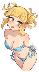 Rule 34 | 1girl, :p, arms behind back, bikini, blonde hair, blue bikini, blunt bangs, blush, boku no hero academia, breasts, cleavage, closed mouth, collarbone, dashi (dashiart), double bun, earrings, hair bun, highres, jewelry, looking at viewer, medium breasts, messy hair, navel, simple background, smile, solo, swimsuit, toga himiko, tongue, tongue out, white background, yellow eyes