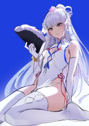 Rule 34 | 1girl, absurdres, blue background, china dress, chinese clothes, cleavage cutout, clothing cutout, dress, elbow gloves, fang, gloves, hair ornament, highres, long hair, original, sitting, solo, thighhighs, tsurime, uthy, white hair, yellow eyes