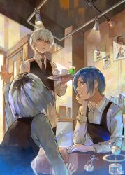 Rule 34 | 2girls, absurdres, apron, black apron, black hair, black necktie, blue hair, book, child, collared shirt, cup, family, grey eyes, hair between eyes, hair over one eye, heterochromia, highres, holding, holding tray, kaneki ken, kirishima touka, kyuuba melo, light, looking at another, multicolored hair, multiple girls, necktie, parent and child, red eyes, shirt, short hair, signature, table, teacup, tokyo ghoul, tokyo ghoul:re, tray, waistcoat, white hair, white shirt