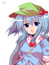 Rule 34 | 1girl, blue eyes, blue hair, blue shirt, breasts, chinese commentary, collared shirt, commentary request, green hat, hair bobbles, hair ornament, hat, highres, kawashiro nitori, key, looking at viewer, medium hair, open mouth, pocket, shirt, short sleeves, short twintails, simple background, small breasts, smile, solo, touhou, twintails, upper body, white background, yuan (yuan068533)