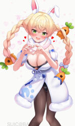 Rule 34 | 1girl, :d, absurdres, bare shoulders, black leotard, blonde hair, blush, braid, breasts, cleavage, coat, coat dress, cosplay, cutout above navel, detached sleeves, don-chan (usada pekora), dress, feet out of frame, female focus, fur-trimmed coat, fur scarf, fur trim, gradient hair, green eyes, hair ornament, heart, heart hands, highres, hololive, knees together feet apart, large breasts, leaning forward, leotard, leotard under clothes, long hair, looking at viewer, momosuzu nene, multicolored hair, nekko (momosuzu nene), open mouth, playboy bunny, puffy detached sleeves, puffy short sleeves, puffy sleeves, scarf, short sleeves, smile, solo, standing, strapless, strapless coat, strapless dress, strapless leotard, suicabar72, twin braids, twintails, usada pekora, usada pekora (1st costume), usada pekora (cosplay), virtual youtuber, white coat, white scarf, white sleeves
