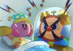 Rule 34 | bed, blue eyes, blush, blush stickers, chromatic aberration, crescent, doorway, drooling, eighth note, green headwear, hat, highres, indoors, kirby, kirby (series), mouth drool, mr. tick tock, musical note, nightcap, nintendo, no humans, open mouth, pillow, polka dot, polka dot headwear, sleep kirby, star (symbol), surprised, suyasuyabi, v-shaped eyebrows, waking another
