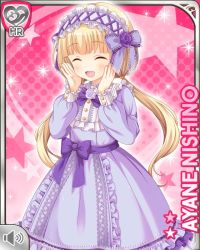 Rule 34 | 1girl, blonde hair, bow, card, character name, dress, closed eyes, flower, frilled dress, frills, girlfriend (kari), hair ornament, headband, long hair, nishino ayane, official art, open mouth, pink background, purple bow, purple dress, qp:flapper, red eyes, smile, solo, tagme