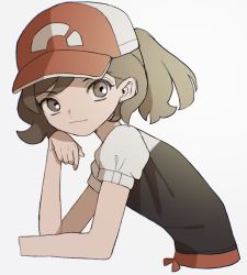 Rule 34 | 1girl, baseball cap, brown eyes, brown hair, closed mouth, commentary, creatures (company), elaine (pokemon), from side, game freak, hand up, hat, highres, nintendo, pokemon, pokemon lgpe, red hat, shirt, short sleeves, simple background, smile, solo, umekobushi, upper body, white background