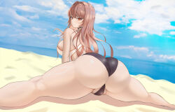 Rule 34 | 1girl, absurdres, ass, beach, black choker, black one-piece swimsuit, breasts, choker, closed mouth, day, from behind, frown, goddess of victory: nikke, hair intakes, highres, huge ass, large breasts, light blush, light brown hair, long hair, looking at viewer, ocean, official alternate costume, one-piece swimsuit, outdoors, partially visible vulva, rapi (classic vacation) (nikke), rapi (nikke), red eyes, sand, solo, spread legs, swimsuit, two-tone swimsuit, water, white one-piece swimsuit, zepiros