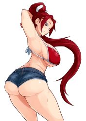 Rule 34 | 1girl, armpits, ass, bikini, bikini top only, breasts, curvy, fatal fury, gishi, huge ass, huge breasts, large breasts, long hair, ponytail, red eyes, red hair, shiranui mai, short shorts, shorts, snk, solo, swimsuit, the king of fighters, very long hair, wedgie