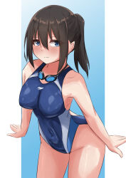 Rule 34 | 1girl, absurdres, arms at sides, black hair, blue background, blue eyes, blue one-piece swimsuit, breasts, commentary request, competition swimsuit, cowboy shot, goggles, goggles around neck, gradient background, highleg, highleg swimsuit, highres, hiuyec, large breasts, leaning forward, long hair, multicolored clothes, multicolored swimsuit, one-piece swimsuit, original, sidelocks, solo, swimsuit