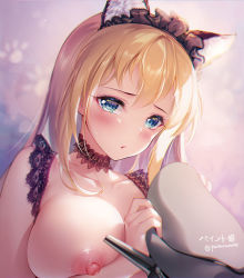Rule 34 | 1girl, animal ears, artist name, bad id, bad pixiv id, bismarck (kancolle), blonde hair, blue eyes, blush, breasts, cat ears, collarbone, fake animal ears, hair between eyes, hat, unworn hat, unworn headwear, kantai collection, large breasts, long hair, nipples, paint musume, parted lips, peaked cap, solo, twitter username, upper body