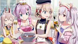 Rule 34 | 4girls, alcohol, animal ears, apron, ayanami (azur lane), azur lane, blush, bow, breasts, camisole, chocolate, cleavage, commentary request, cooking, cross, fake animal ears, food, gotyou, hair between eyes, hair bow, hair ornament, hairband, hat, headgear, high ponytail, iron cross, jacket, javelin (azur lane), laffey (azur lane), long hair, marshmallow, multiple girls, open clothes, open jacket, open mouth, ponytail, purple hair, rabbit ears, red hairband, short hair, silver hair, sleeveless, smile, surprised, very long hair, whisk, z23 (azur lane)