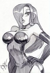 Rule 34 | 1girl, alex ahad, bare shoulders, breasts, cleavage, cosplay, dress, hand on own hip, highres, jessica rabbit (cosplay), large breasts, long hair, parasoul (skullgirls), skullgirls