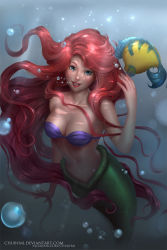 Rule 34 | 1girl, :d, air bubble, animal, ariel (disney), artist name, bare arms, bare shoulders, bikini, bikini top only, blue eyes, breasts, bubble, chuby mi, cleavage, collarbone, disney, eyelashes, fins, fish, fish tail, floating hair, flounder (the little mermaid), highres, large breasts, lips, lipstick, long hair, looking at viewer, makeup, navel, open mouth, purple bikini, realistic, red hair, red lips, shell, shell bikini, smile, solo, stomach, strapless, strapless bikini, swimsuit, tail, the little mermaid, underwater, very long hair, watermark, web address