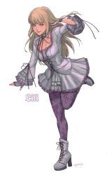 Rule 34 | 1girl, absurdres, blonde hair, breasts, commentary, dress, emilie de rochefort, foot up, frills, gloves, grey background, high heels, highres, large breasts, long hair, looking at viewer, pantyhose, simple background, smile, solo, tekken