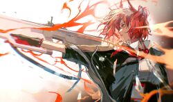 Rule 34 | 1girl, aiming, arknights, black cape, black gloves, breasts, brown background, cape, collared shirt, commentary, feather hair, fiammetta (arknights), fire, from side, gloves, gradient background, gun, guodongmaibo, highres, holding, holding gun, holding weapon, medium breasts, messy hair, necktie, profile, red eyes, red hair, red necktie, serious, shirt, short hair, simple background, solo, upper body, weapon, white background, white shirt