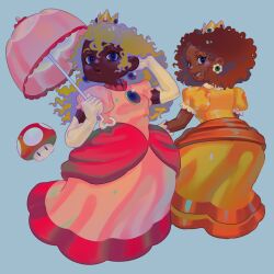 2girls absurdres alternate_skin_color aquiboni blonde_hair blue_eyes breasts brown_hair crown curly_hair dark-skinned_female dark_skin dress earrings flower_earrings full_body gloves highres jewelry long_hair mario_(series) medium_hair multiple_girls nintendo open_mouth princess_daisy princess_peach puffy_sleeves simple_background smile white_gloves