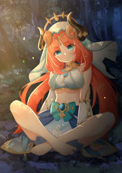 Rule 34 | 1girl, absurdres, arm support, barefoot, blue eyes, blunt bangs, blurry, commentary request, dancer, depth of field, detached sleeves, eyes visible through hair, fake horns, forest, genshin impact, headpiece, highres, horns, indian style, long hair, long sleeves, looking at viewer, low twintails, nature, navel, night, nilou (genshin impact), parted bangs, red hair, sidelocks, sitting, smile, solo, stomach, toes, twintails, veil, vision (genshin impact), yaoli (ysxbd)