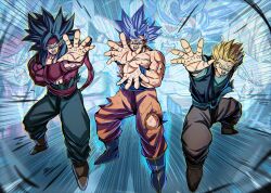 Rule 34 | 3boys, absurdres, aged up, bandana, bardock, blue footwear, brown footwear, chiro illust, commentary, commentary request, dougi, dragon ball, family, father and son, highres, kamehameha (dragon ball), multiple boys, muscular, muscular male, open mouth, parent and child, red fur, red tail, son gohan, son gohan (future), son goku, spiked hair, super saiyan, super saiyan 4, tail, torn, torn clothes, ultra instinct